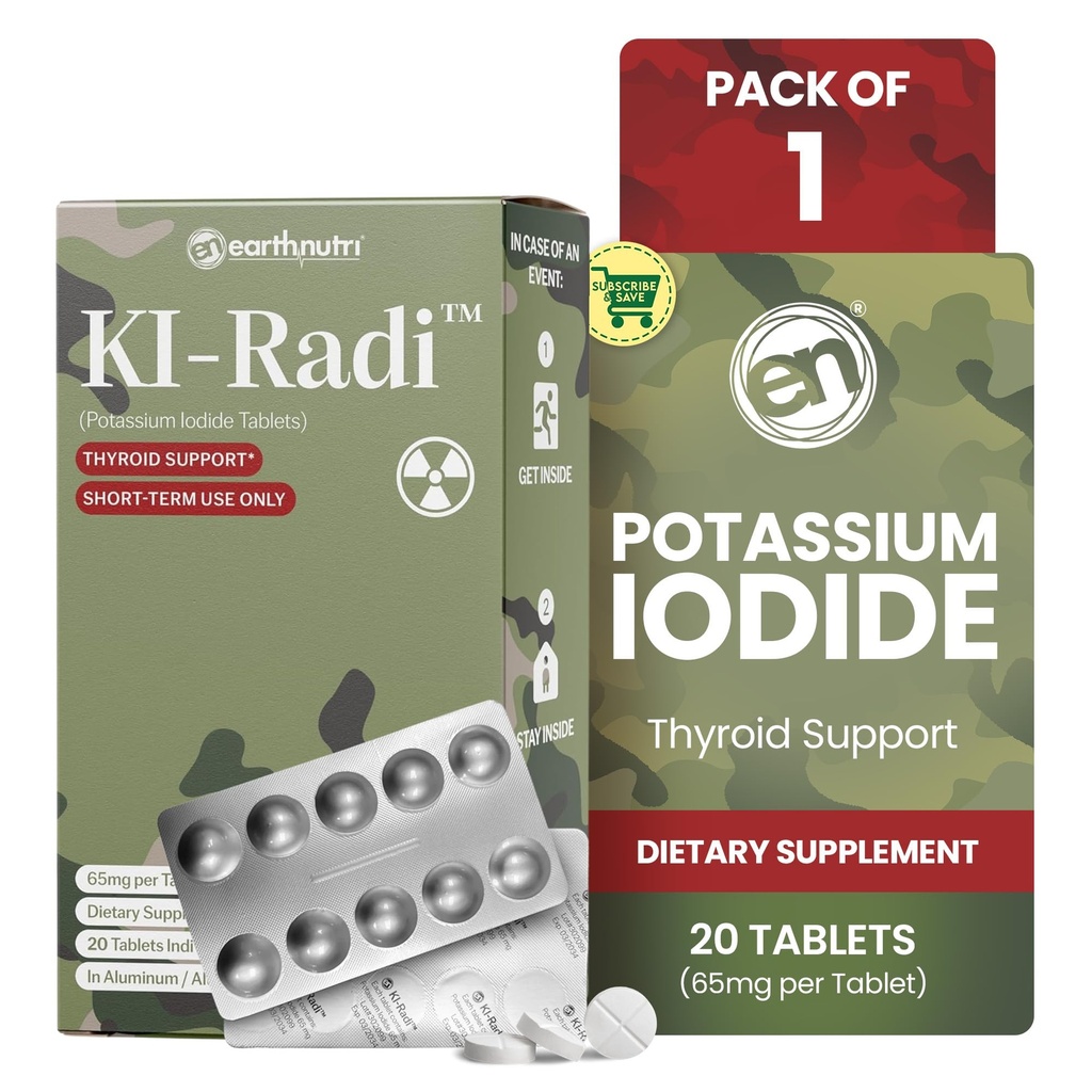 EarthNutri KI-RadiTM Iodide de potassium comprimés 65 mg – Supplément d'iode de haute puissance pour le soutien de la thyroïde, préparation d'urgence – Supplément de potassium dans le sceau de la plaquette à huile – 20 comprimés (1 paquet)