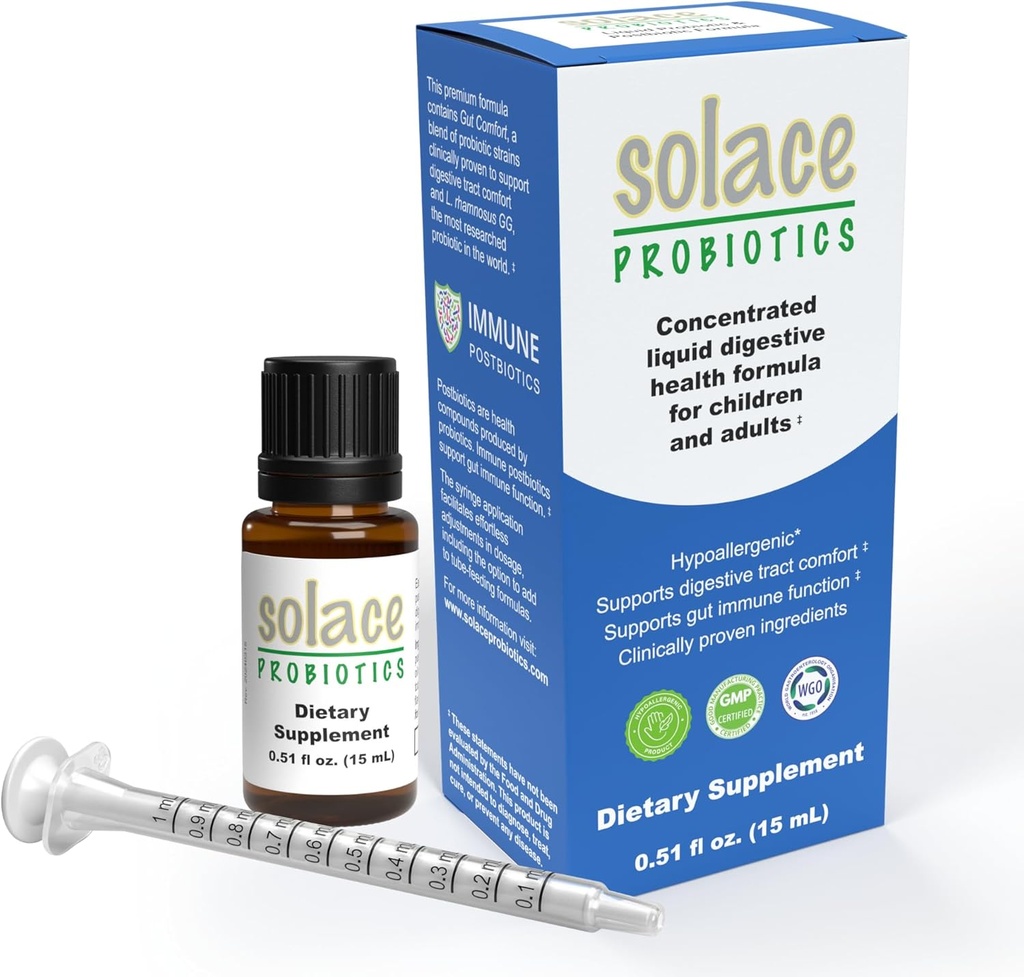Solace Probiotics Formula liquida per adulti e bambini - miscela concentrata per la salute e l'immunità digestiva, clinicamente ricercato, facile applicazione siringa, soluzioni anallergiche - 15mL