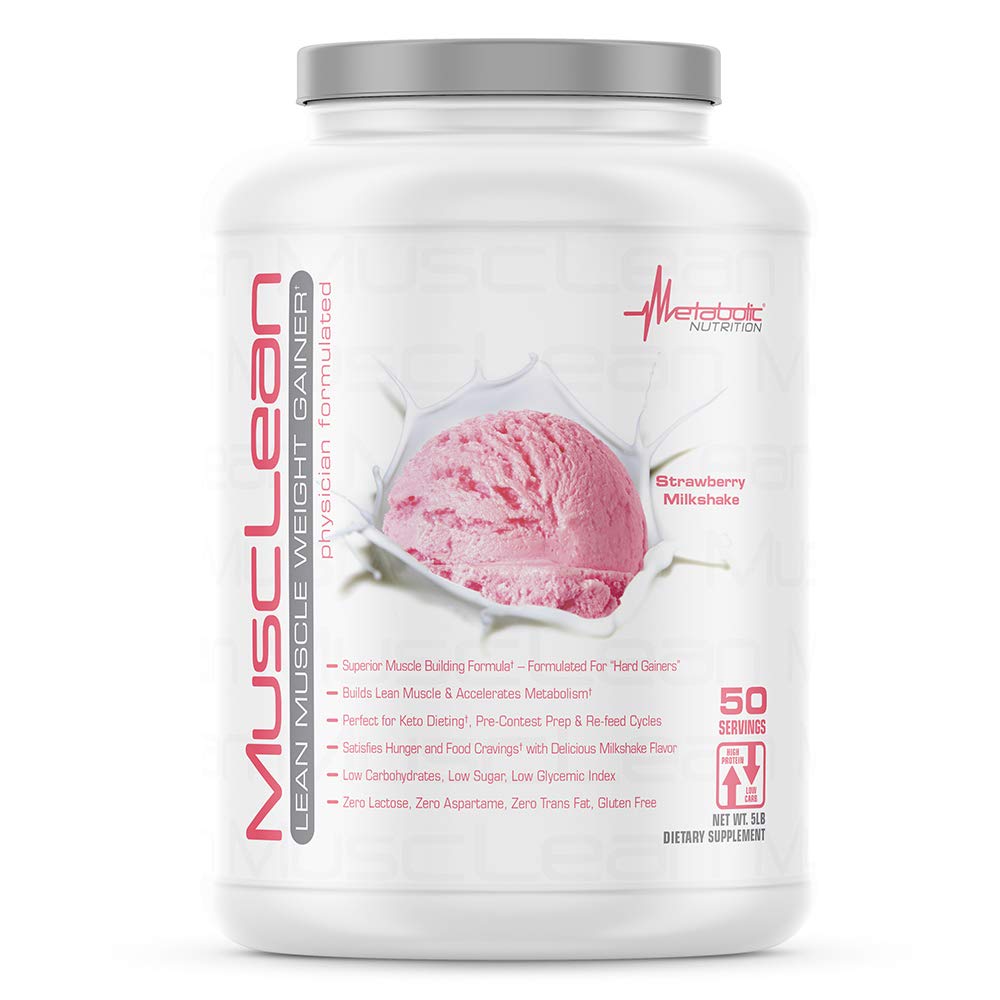 Nutrizione metabolica - Musclean - Milkshake, Whey High Protein Meal Sostituzione, Manutenzione Nutrizione, Carbo basso, Keto Diet, Enzimi Digestivi, Fragola, 5 Pound (50 ser)