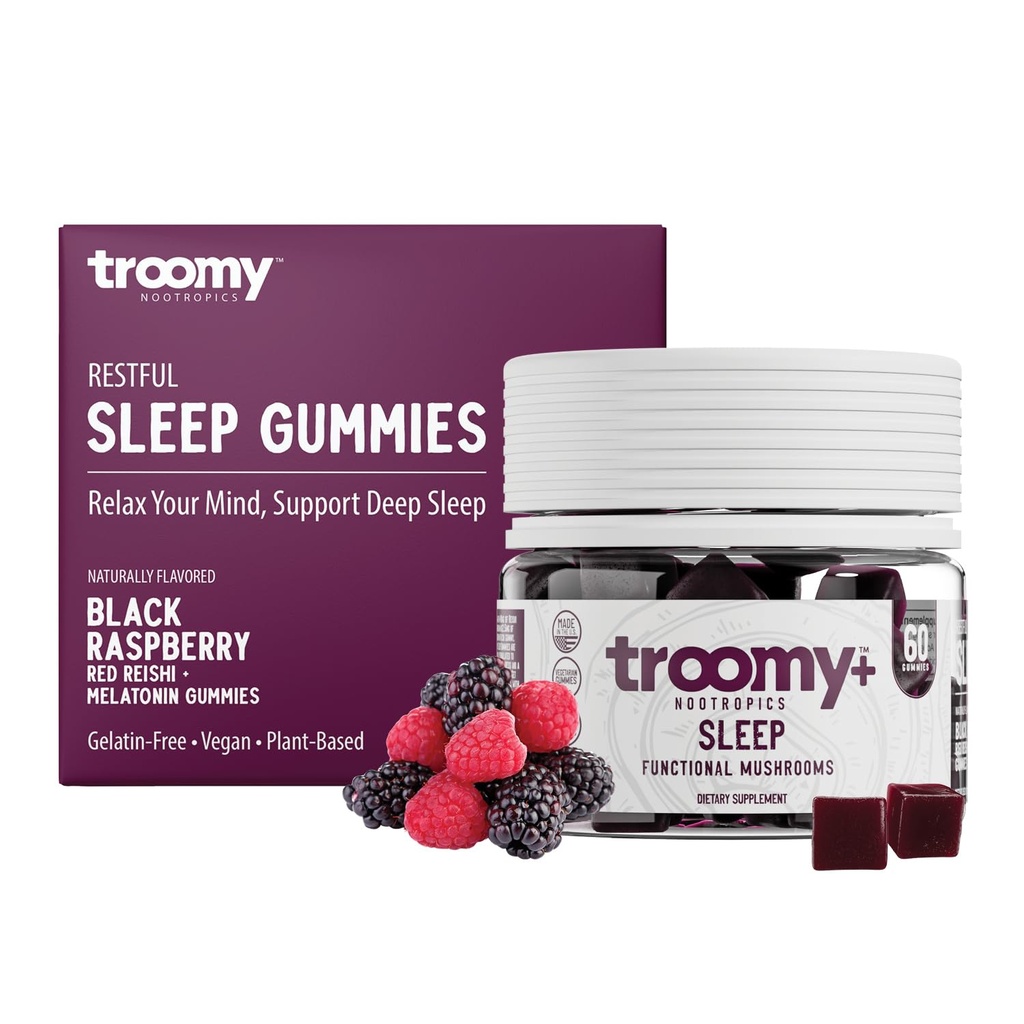 Troomy Sleep Reishi + Melatonin Great Tasting Mushroom Gummis - Unterstützt Restful Sleep & Decrease in Stress - Schwarz Raspberry - 60 Count