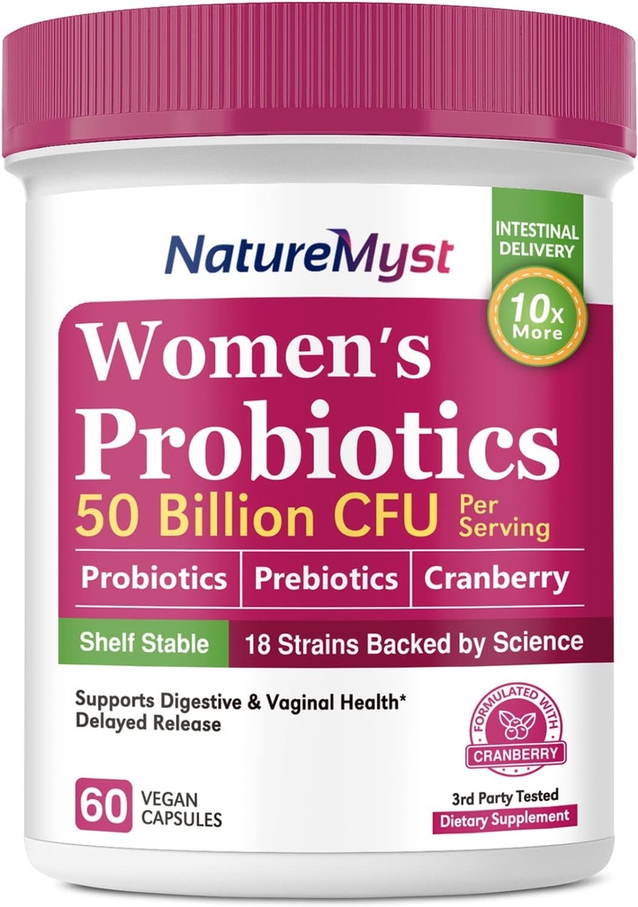 Probiotici donna, 50 miliardi di CFU, 18 Strains per le donne, Prebiotici e mirtillo, Support Digestivo, Vaginal & Urinary Health, Shelf Stable, 60 Delayed Release Vegan Caps