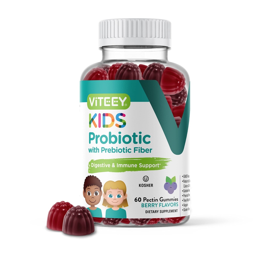 Viteey Probiotic Gummies for Kids Plus Prebiotics Fibre - 2 milliards d'UFC - Santé digestive, Santé Gut, Relief de Constipation pour les enfants Support - Vegan, Sans gélatine - Nourriture de baies de probiotiques à croquer