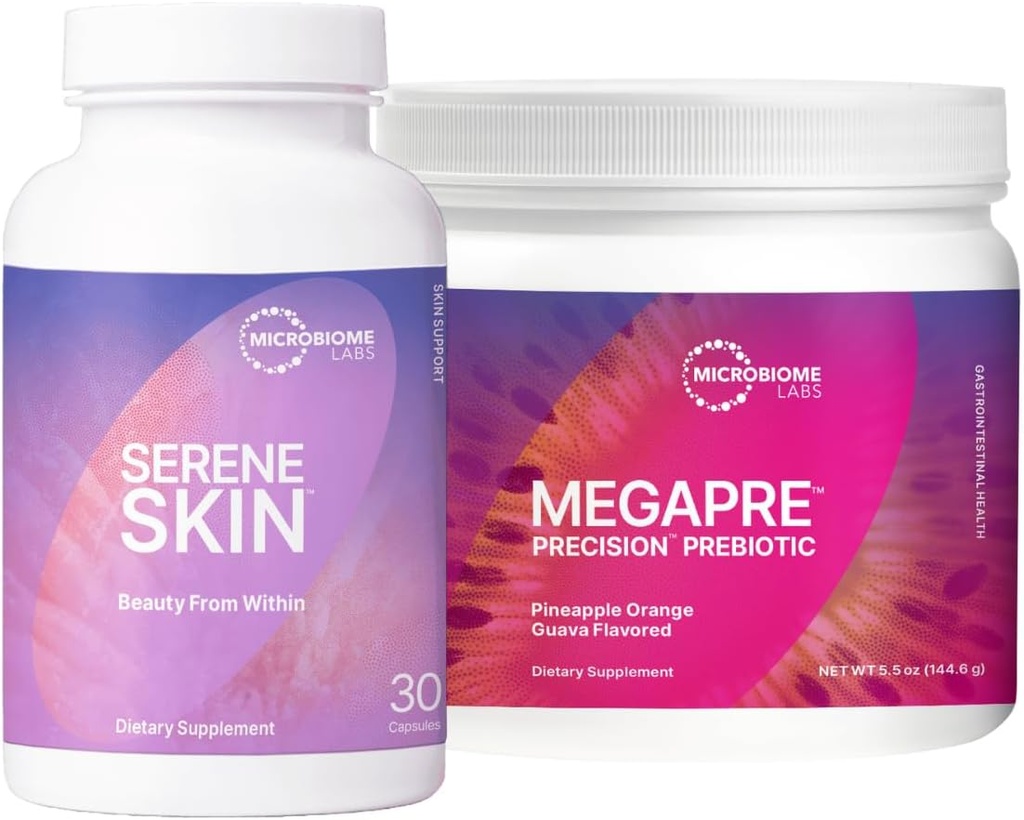 Microbiome Labs Skin Support Bundle - SereneSkin Clear Skin Probiotic Supplemento indicato per aiutare a ridurre le linee sottili (30 capsule) - MegaPre Polvere prebiotica per la salute del fegato (2.1oz)