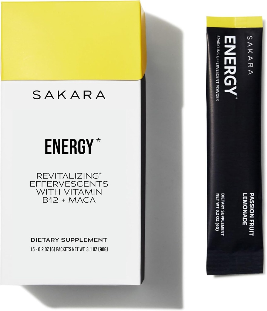 SAKARA Energy Effervescents, 15 Packets - Confezioni di polvere di elettroliti senza zucchero refrigerati con vitamina B12 & L Theanine, Confezioni di acqua aromatizzate, Polvere di idratazione, Polvere di elettrolita di bevanda di energia