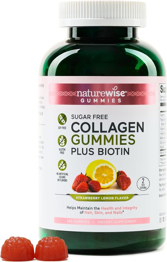 NatureWise Collagen Gummies - Gommie di collagene idrolizzate senza zucchero - Tipo 1 & 3 Peptidi per le donne + Biotina, Vitamina C, E, & Zinc for Hair Skin and Nails Support - 180 Conteggio[3-Month Alimentazione]