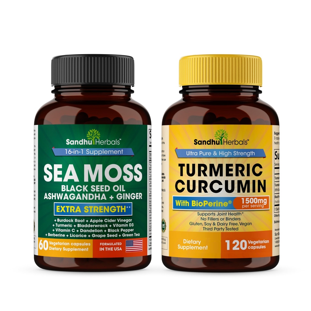 Sandhu Kräuter Seamoss & Turmeric Curcumin mit Bioperine Kapseln | Unterstützt Immun-, Verdauungs-, Kognitive, Haut- und Haargesundheit