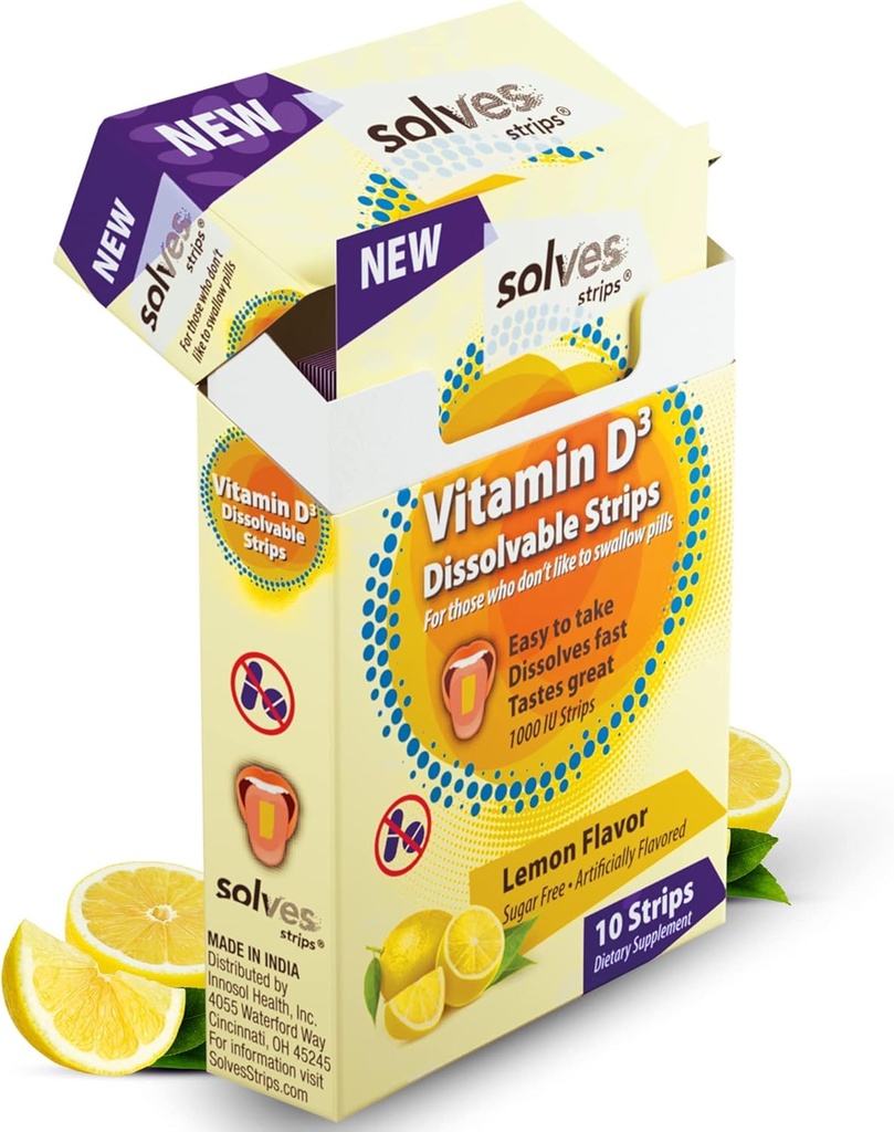 Solves Strips® Swift Vitamine D3 - Lemon Zest Twist, haute puissance, sans sucre, tout naturel, sans pilule, quotidien os et immunitaire santé essentielle (paquet de 30)
