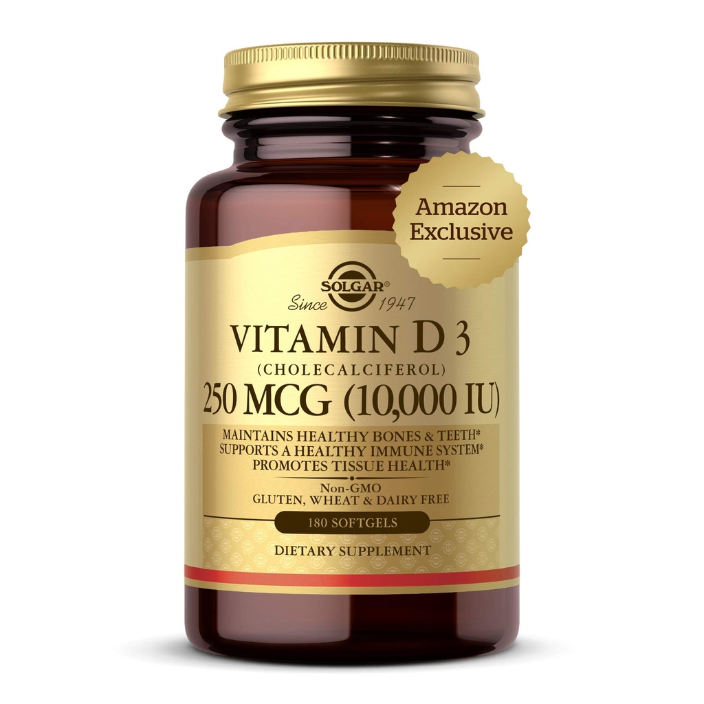 Solgar Vitamine D3 Cholecalciferol 250 MCG 10000 UI Softgels aide à maintenir des os sains Dents Immune système de soutien non-OGM Gluten, services sans lait, 180 Compte