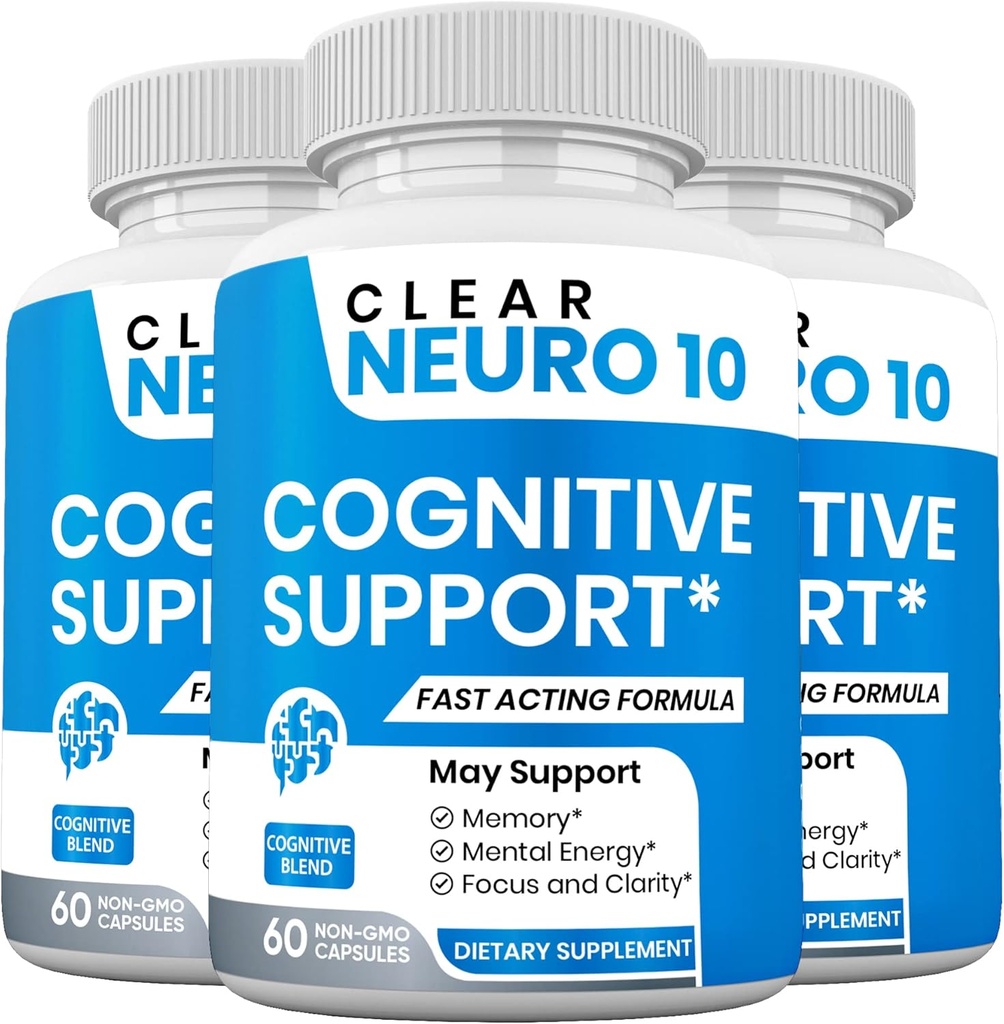 Clear Neuro 10, migliora messa a fuoco e concentrazione, promuove la funzione di memoria normale e la salute del cervello, impedisce la perdita di memoria (3 pacchetto)