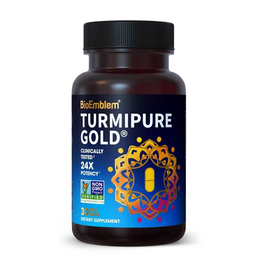 BioEmblem curcuma erboristica con TurmiPure clinicamente studiata - 1 Piccolo Cap Giornaliero, 24x Più Assorbimento rispetto ad altri - Supporto congiunto, Integratori Tumerici di Gonfiamento Sani - Non OGM - 30 Serve