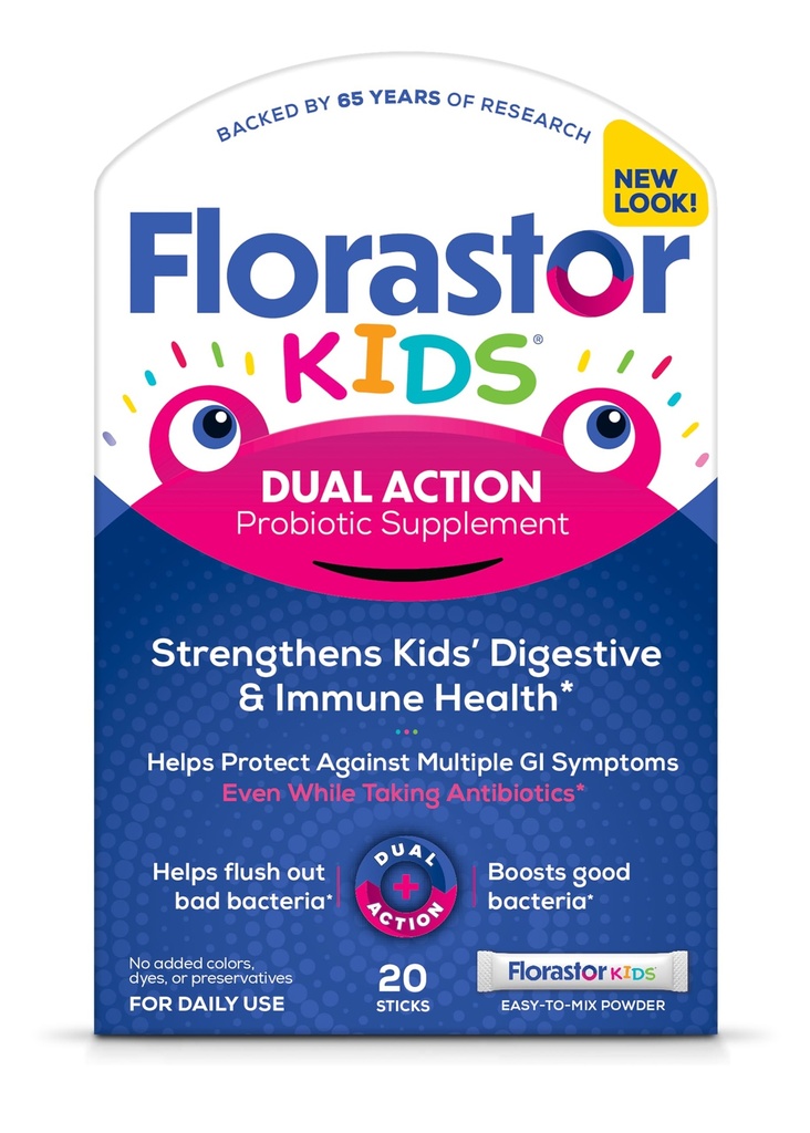 Florastor Kids Dual Action Probiotic Supplement, stärkt Kinder Verdauungs- und Immungesundheit, 20 einfach zu mischen Pulver Sticks, Verpackung Mai Vary