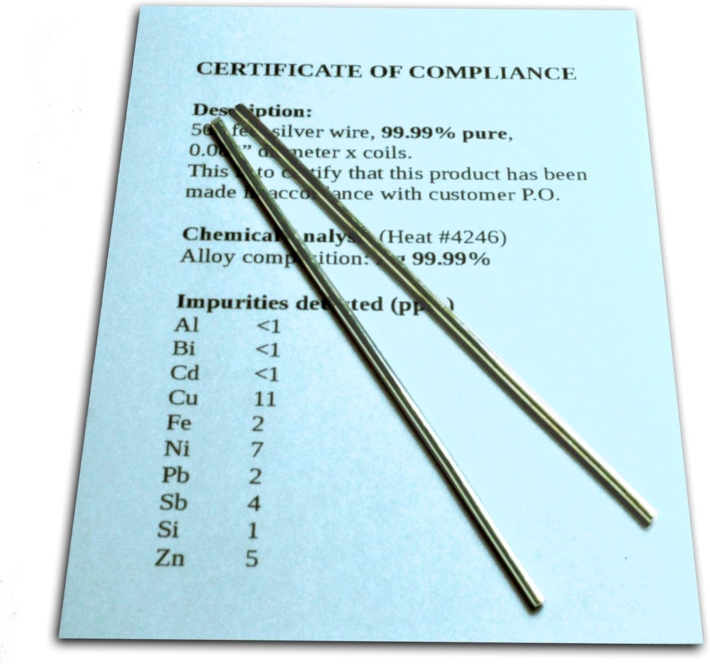 Fil de générateur d'argent colloïdal garanti 99,99% Pure - Jeu de (2) 4" Électrodes 12-Gauge (0,08 po / 2,06 mm) avec certificat de conformité/analyse chimique complète de la composition de l'alliage