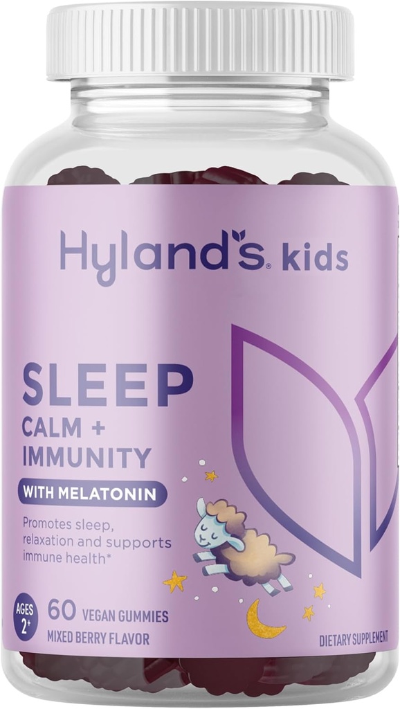 Hyland's Kids Sleep Calm & Immunity Support avec Melatonine, Gummies d'aide au sommeil avec vitamine C, Zinc, Elderberry & Camomile, Aide avec l'insomnie et l'agitation, 60 Gummies Vegan