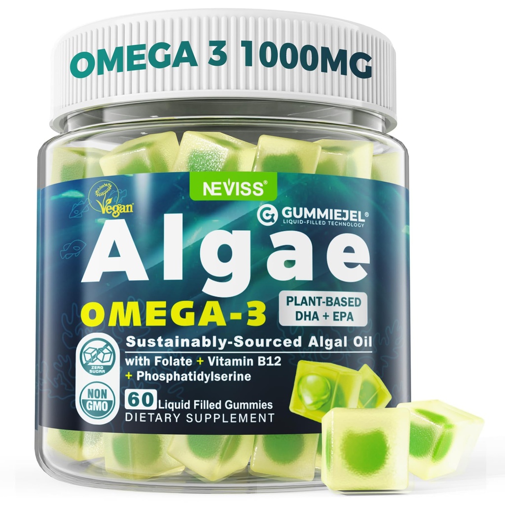 Vegane Omega-3-Gummien für Erwachsene, Fischöl Alternative aus Algenöl, pflanzliche DHA 460mg & EPA 230mg Plus Methylfolat, Vitamin B12, Phosphatidylserin, Kein Fischgeschmack, Vegan, Zuckerfrei, 60 Cts