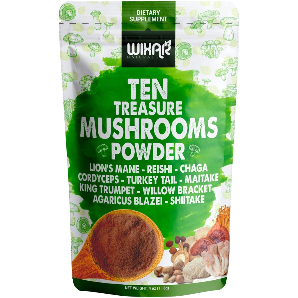 Wixar Mushroom Powder - Ten Treasure Mushrooms Extract Blend Supplemento per Caffè & Smoothies - Lions Mane, Tail Turchia, Reishi, Chaga, Shiitake, Cordyceps, Complex - 4oz Mushroom Supplement
