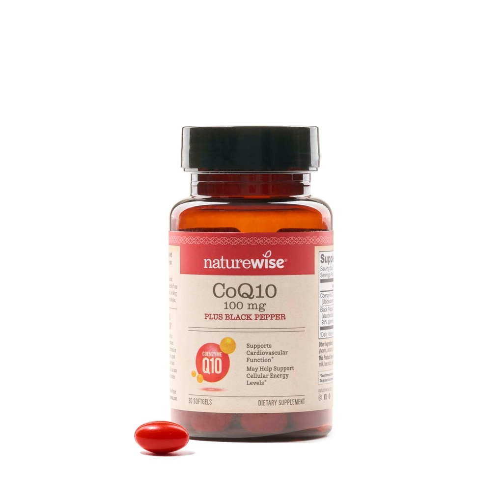 NatureWise CoQ10 100mg + softgels de poivre noir - Coenzyme d'absorption élevée Q10 + poivre noir - Antioxydant pour la santé cardiaque + énergie cellulaire - végétalien, non-OGM, sans gluten - 30comptes[30 jours]