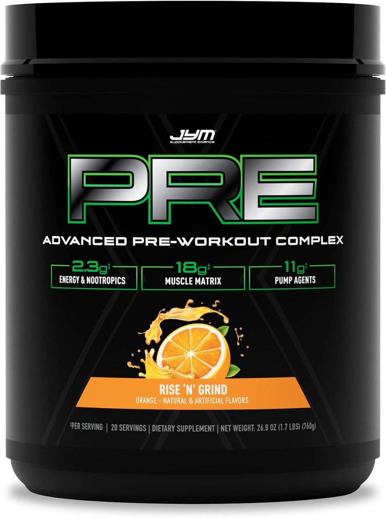 Pre JYM X Rise N' Grind Advanced Pre-Workout Powder Massive Pumps, Citrulline Nitrate, Dynamine, NO3T Betaine, BCAA’s, Nootropics, Kreatin, Beta-Alanin, JYM Supplement Science, 20 Portionen