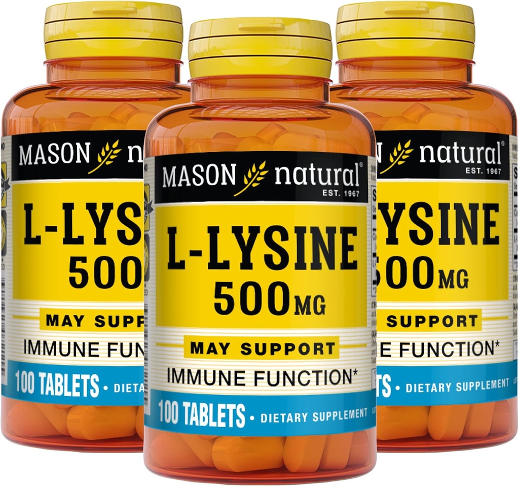 MASON NATUREL L-Lysine 500 mg avec Calcium - Amélioration de la fonction immunitaire, Absorption accrue des nutriments, Acides aminés essentiels, 100 comprimés (paquet de 3)