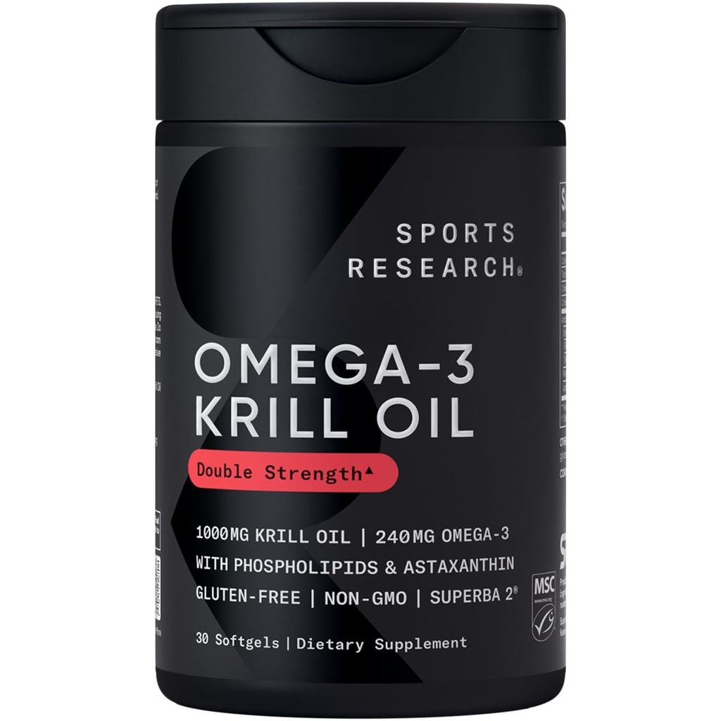 Ricerca sportiva Krill Olio Supplemento con EPA & DHA Omega 3, Phospholipids & Astaxanthin da Antarctic Krill - Concentrazione più alta di Krill olio per gli uomini e le donne - 1000mg, 30 capsule Softgel