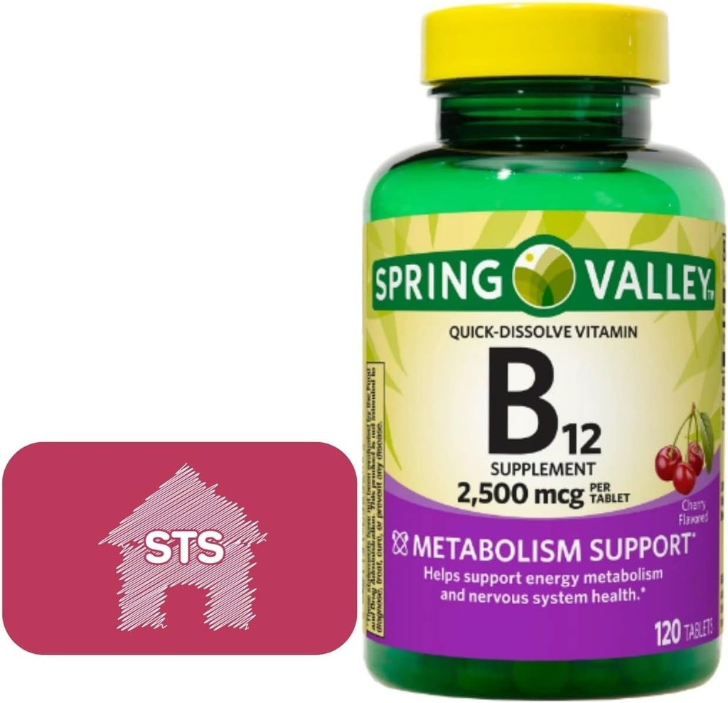 Spring Valley - Vitamine B12 Comprimés à distribution rapide, 2 500 mcg, Saveur de cerise, 120 Compte + Sticker STS.