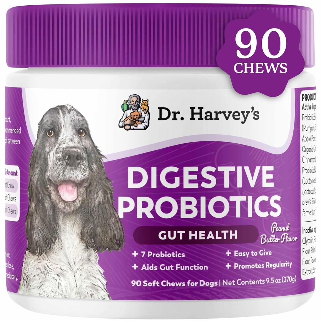 Dr. Harvey's Digestive Probiotic Soft Chews für Hunde, 9 Probiotics for Gut Health, Diarrhea und Bowel Support, Peanut Butter Flavor (90 Chews)