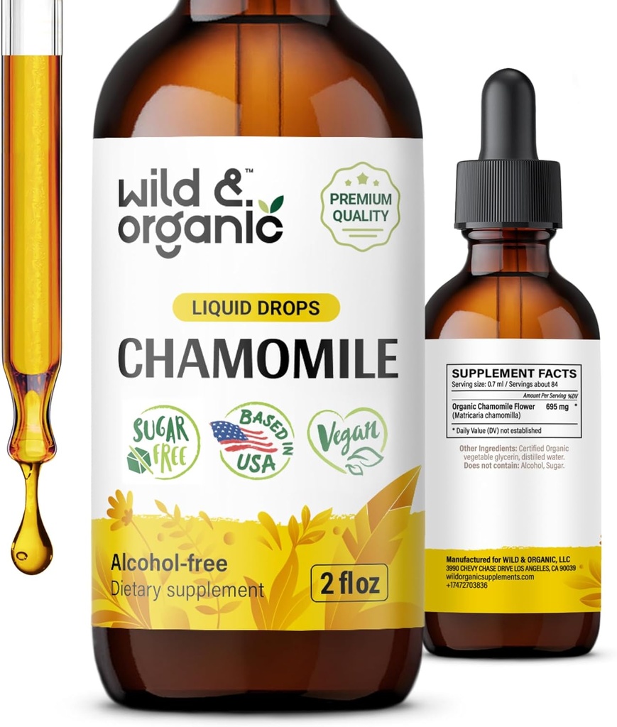 Wild & Organic Chamomile Tincture - Relaxing & Calming Chamomile Supplement - Liquid Flower Extract Drops - Vegan, Zucker & Alkoholfrei - 2 fl oz
