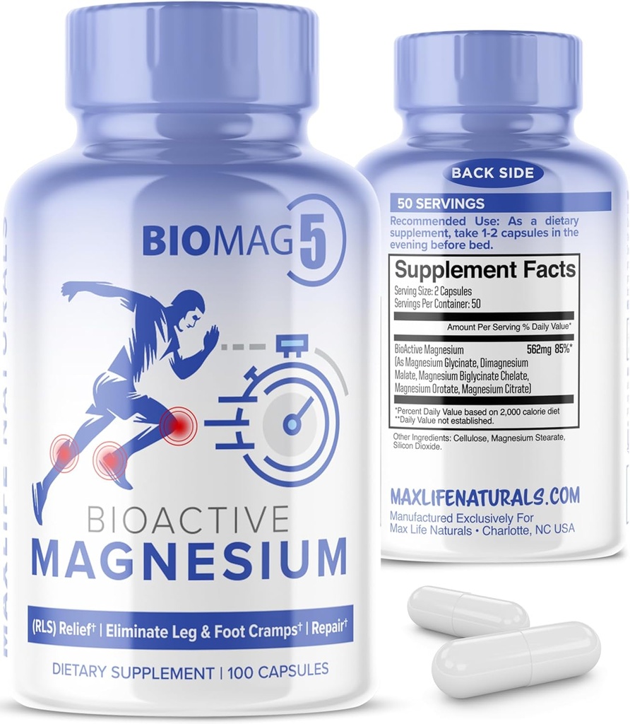BioMag 5 Magnesio supplemento complesso per le donne e gli uomini, 100 capsule - formulato negli Stati Uniti - BioActive e BioAvailable Magnesium Glycinate Malate Citrate Orotate e Biglycinate Chelate Supplementi