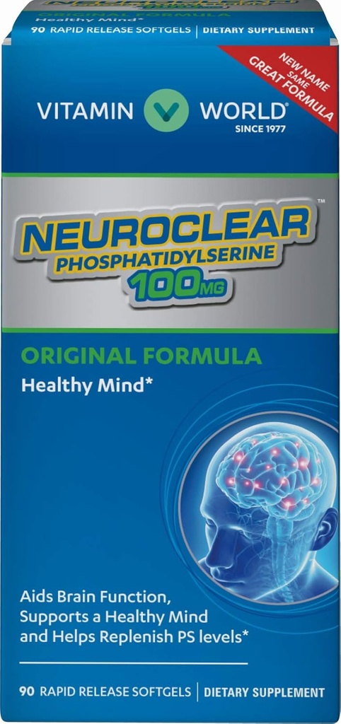 Vitamina Mondo NeuroClearTM Phosphatidylserine 100 mg. 90 Softgels, livelli di PS, supporto del cervello, messa a fuoco mentale, Rapid-Release, senza glutine
