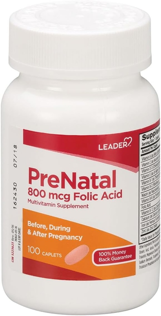 Leader Multivitamina Prenatale con acido folico 800mcg e nutrienti essenziali per la gravidanza sana e lo sviluppo fetale, vitamina ad alta potenza per le mamme in attesa, supporto giornaliero, 100 caplets (2-Pack)