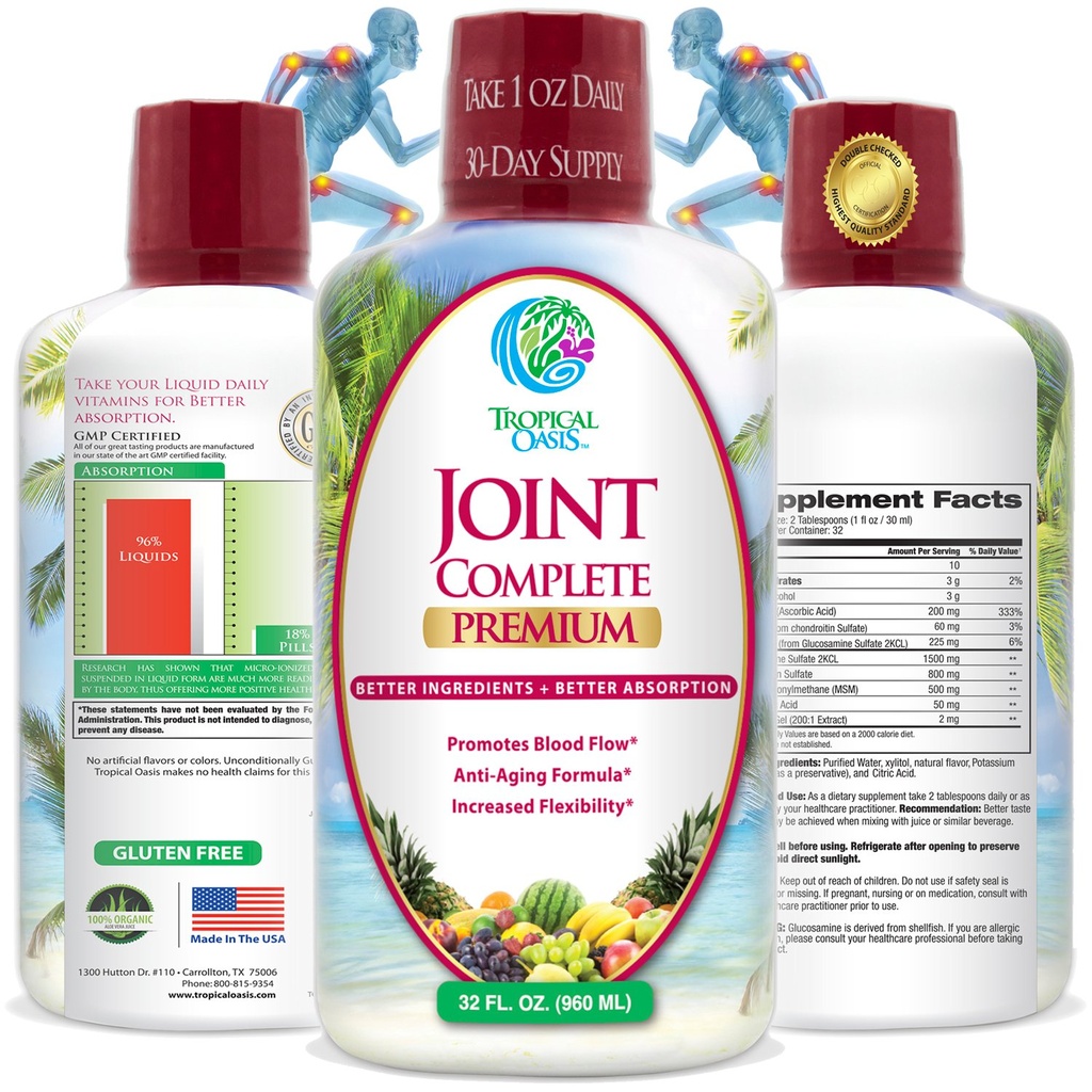 Tropical Oasis Joint Complete Premium - Liquid Joint Supplement mit flüssigem Glucosaminsulfat, Chondroitin, MSM & Hyaluronsäure - 96% Max Absorption– 32oz, 32 serv, 33484