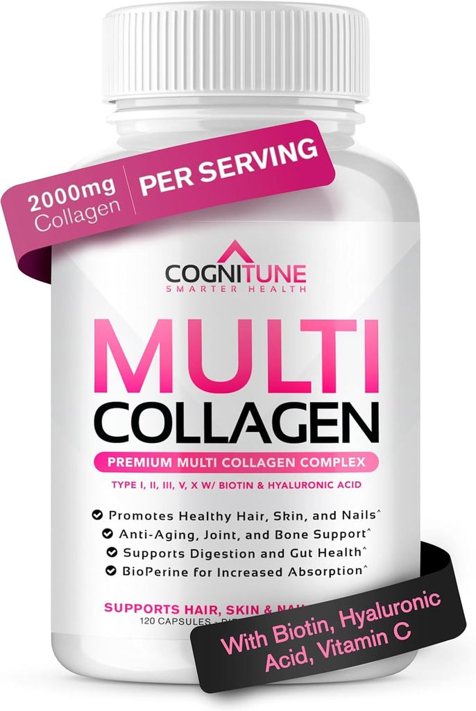 Multi collagène pour femmes avec acide hyaluronique, vitamine C et biotine, supplément de protéine collagène avec types I, II, III, V, X Peptides pour cheveux, peau, ongles et articulations sains, 120 capsules
