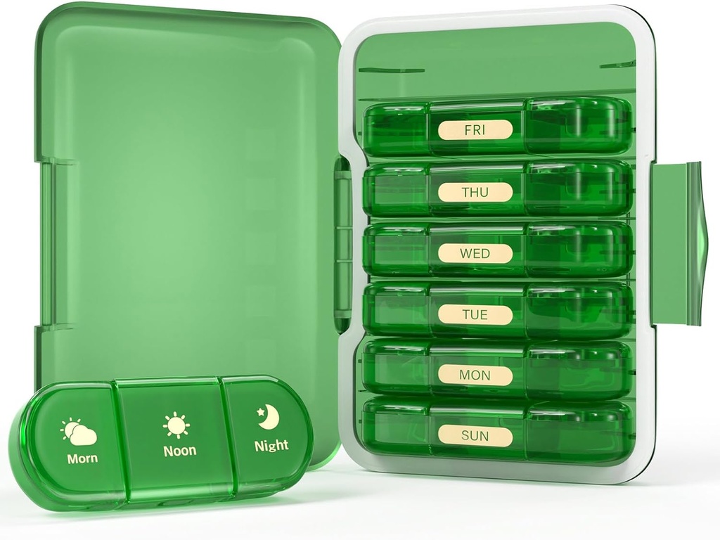 Organizzatore di pillole settimanali 3X al giorno, 7 Day Pill Box 3 volte, portatile per il caso di pillole di viaggio per le pillole/Vitamin/Fish Oil/Medication/Supplements (3x7 Green)