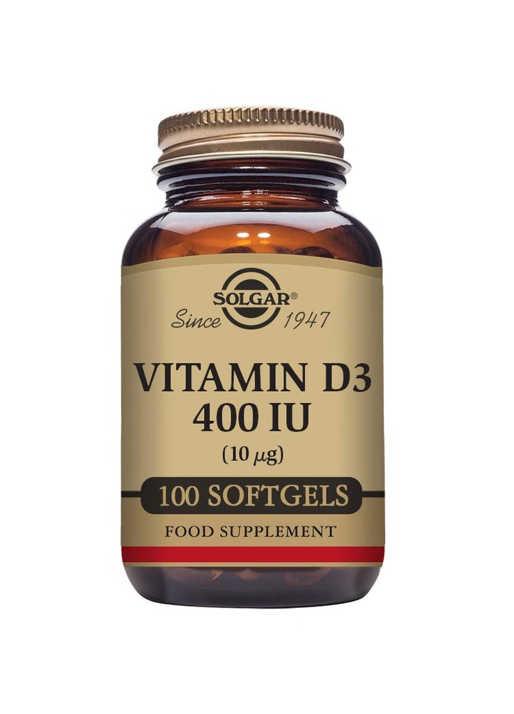 Solgar Vitamine D3 (cholecalciferol) 10 MCG (400 UI), 100 Softgels - Aide à maintenir les os et les dents - Système immunitaire - Non-OGM, sans gluten, sans lait - 100 portions