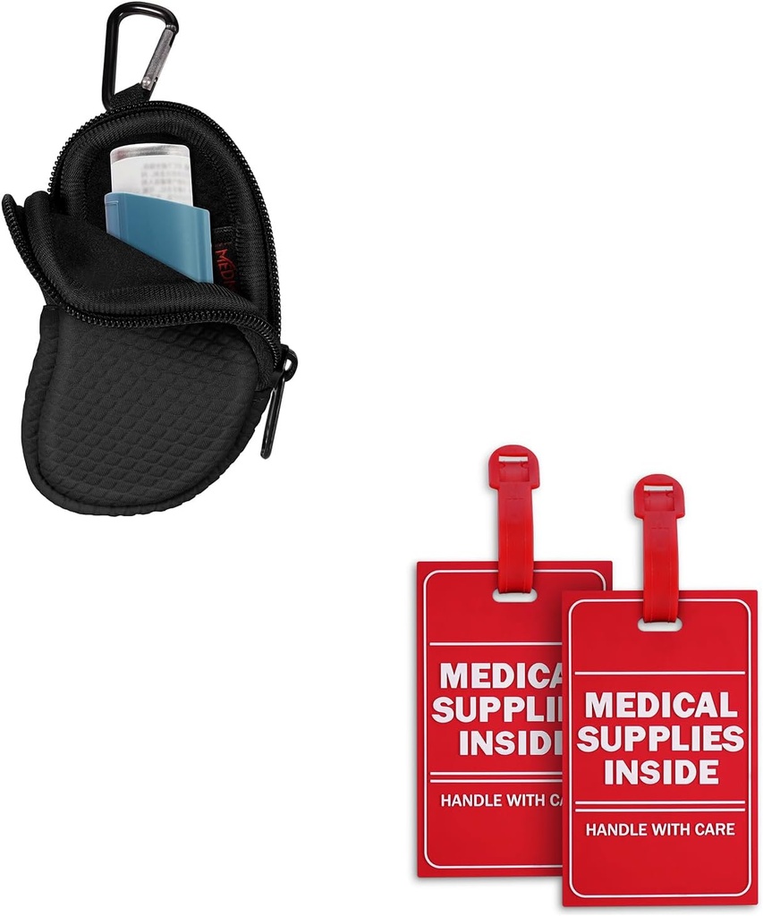 Neoprene Asthma Inhaler Holder Black and 2 Pack Medical Supplies Inside Tag Bundle