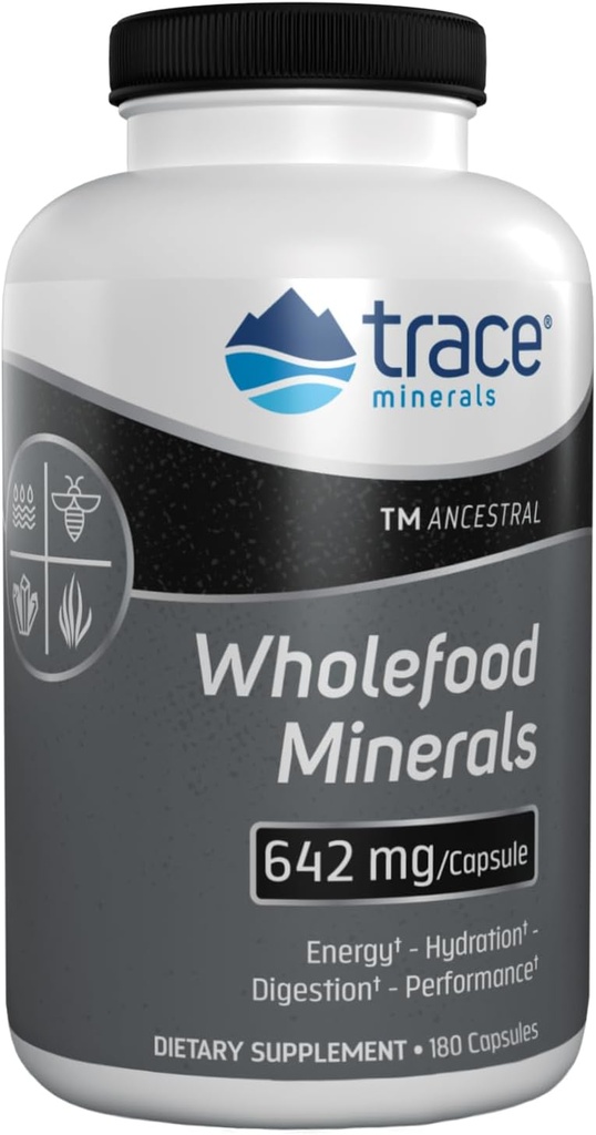 Trace Minerals Wholefood Minerals - Body & Brain Health Support Supplement - Nahrungsergänzungsmittel mit Wildflower Bee Pollen & Atlantic Kelp - Aids Nerve Function & Digestive Health - 180 Kapseln