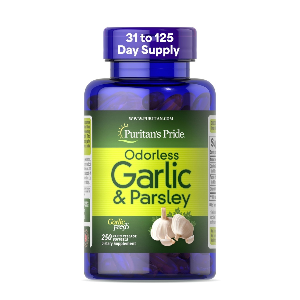 Puritan's Pride Preimum Odorless Knoblauch 5 mg (500 mg Äquivalent) & Parsley, Traditionelle Nahrungsergänzung für Herzgesundheit, Zirkulation und Blutflussunterstützung, 250 Rapid Release Softgels