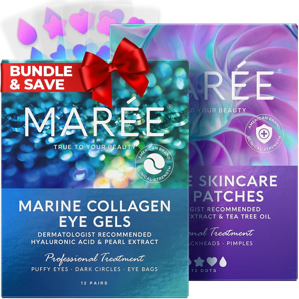 MAREE Eye Gels & Acne Сlearing Devices Bundle - Under Eye Gels for Puffy Eyes and Dark Circles, Hydrocolloid Acne Therapy Device - Marine Collagen & Hyaluronsäure, Green Algae Extract & Tea Tree Oil