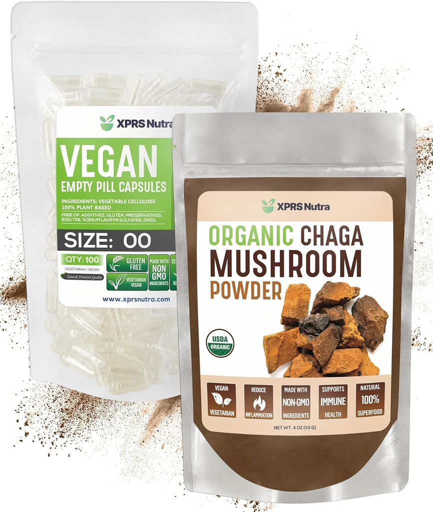 XPRS Nutra Organic Chaga Powder 4 Unze mit Größe 00 Vorgetrennte leere Kapseln (100 Zähler) Bundle