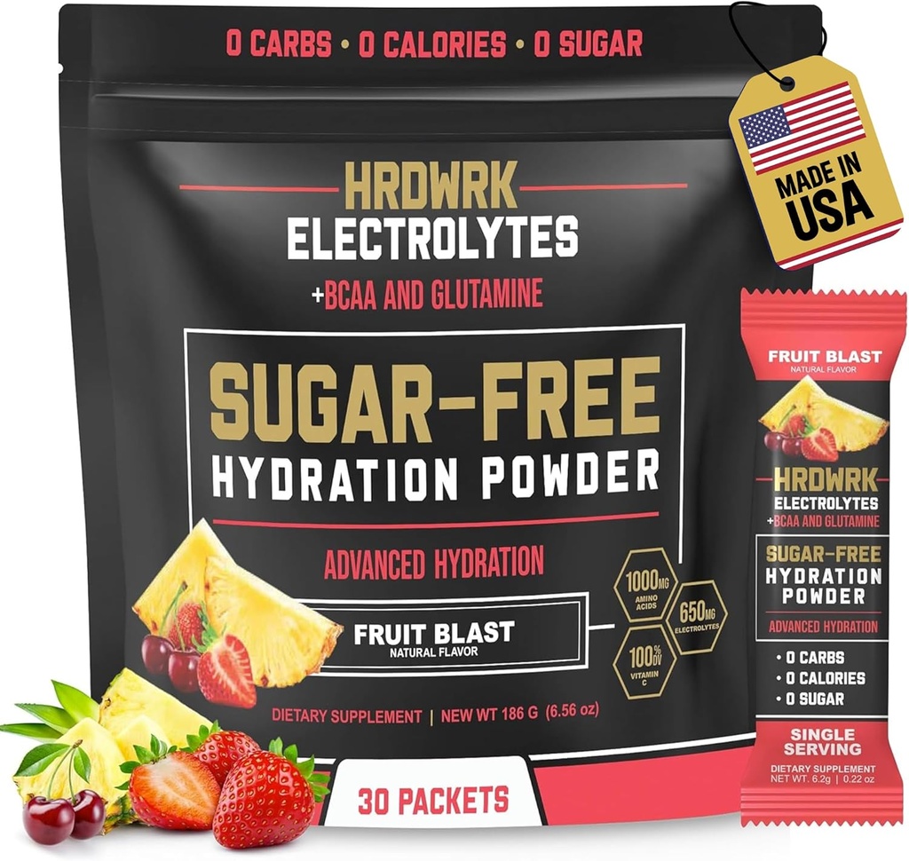 HRDWRK Electrolytes Powder Packets avec Magnésium, Potassium Sodium, Kéto Hydratation - BCAA Electrolyte Powder Packets avec Glutamine, 30 Electrolytes Powder Packets sans sucre (Fruit Blast)