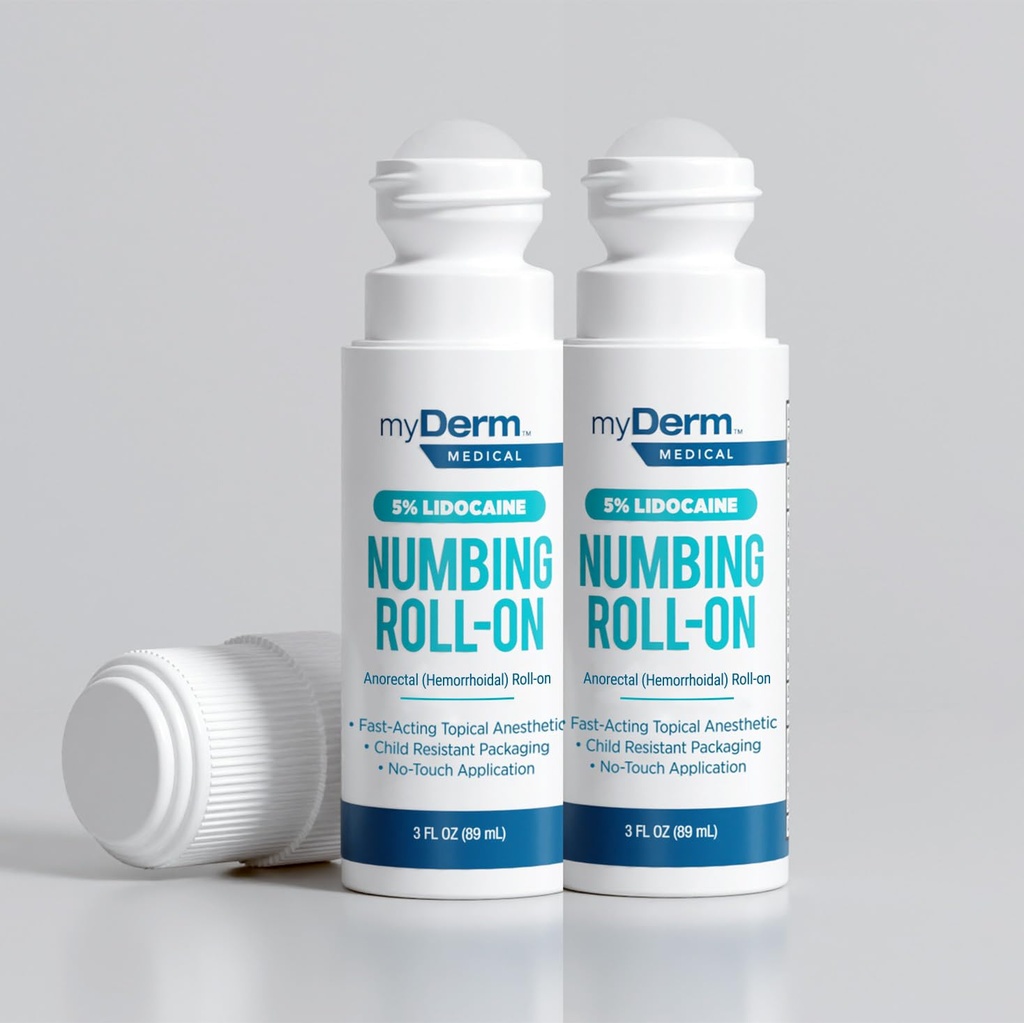 Myderm Medical 5% Lidocaine Numbing Roll On - Paket von 2 - für Minor Aches, Scratches und Hämorrhoidal Discomfort - Made in USA