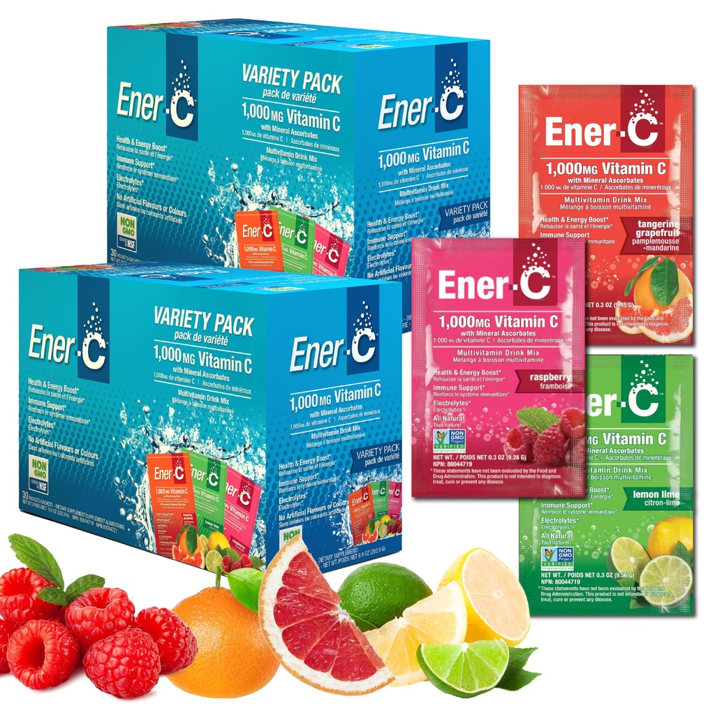 Mélange de boissons multivitamines Ener-C - Packs de vitamines pour l'eau, Packs de poudres d'électrolytes, Mélange de boissons vitaminiques, Mélange liquide d'hydratation, Booster immunitaire pour les adultes, Pack d'énergie saine - Variété, 60 Compte