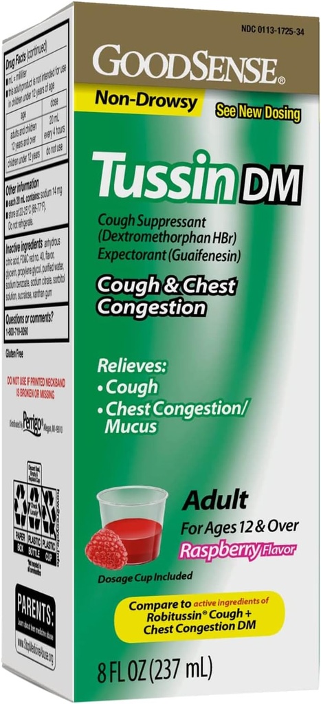 GoodSense Tussin Hustensirup DM, Himbeer Geschmack, Effektives Relief für Husten und Chest Congestion, Thins Mucus, 8 Fl Oz