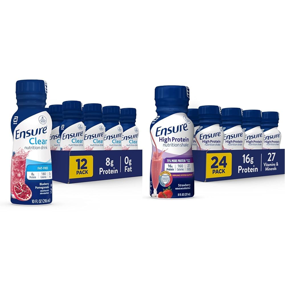 Vergewissern Sie sich flüssige klare Ernährungs-Getränke, 0g Fett, 8g Protein, Blueberry Pomegranate, 10 Fl Oz (Pack mit 12), Flasche, glutenfrei & Stellen Sie sicher, High Protein Strawberry Nutrition Shake, 24 Pack