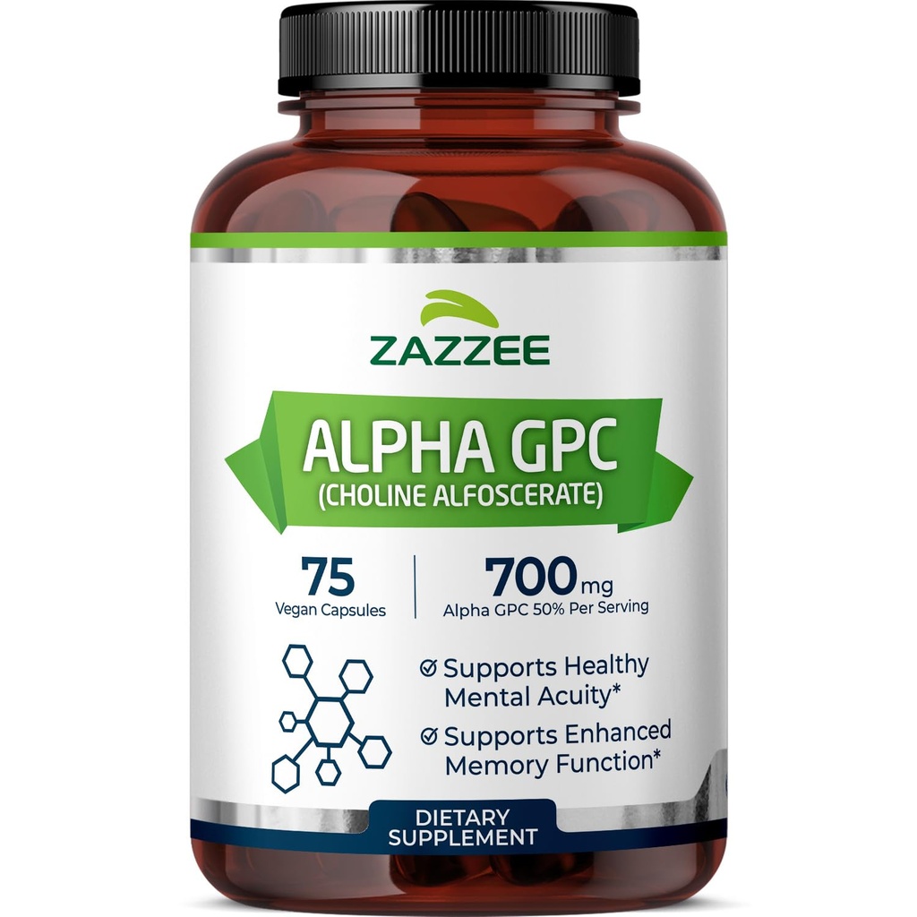 Zazze Extra Strength Alpha GPC Choline, 700 mg pro Servierung, 75 Vegan Capsules, 100% reine pharmazeutische Klasse, 100% vegetarisch, Standardisiert für Potenz und Reinheit, All-Natural und Non-GMO