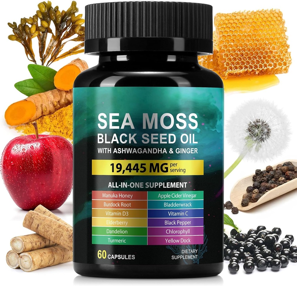 Sea Moss 3000mg Black Seed Oil Capsule 2000mg Ashwagandha Supplementi 1000mg Bladderwrack Turmeric Burdock & Vitamina C & D3 Manuk Honey Dandelion Yellow Dock Chlorophyll ACV
