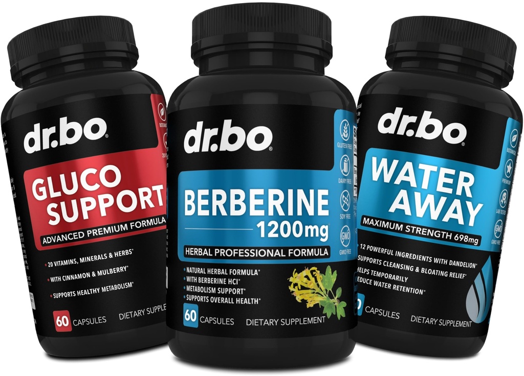 DR. BO Berberin Supplement Metabolismusunterstützung & Wasserpillen - 1200mg Berberin HCL Supplement für gesunde metabolische Unterstützung - Premium HCL 600mg pro Kapsel & Wasserpillen Diuretika Retention