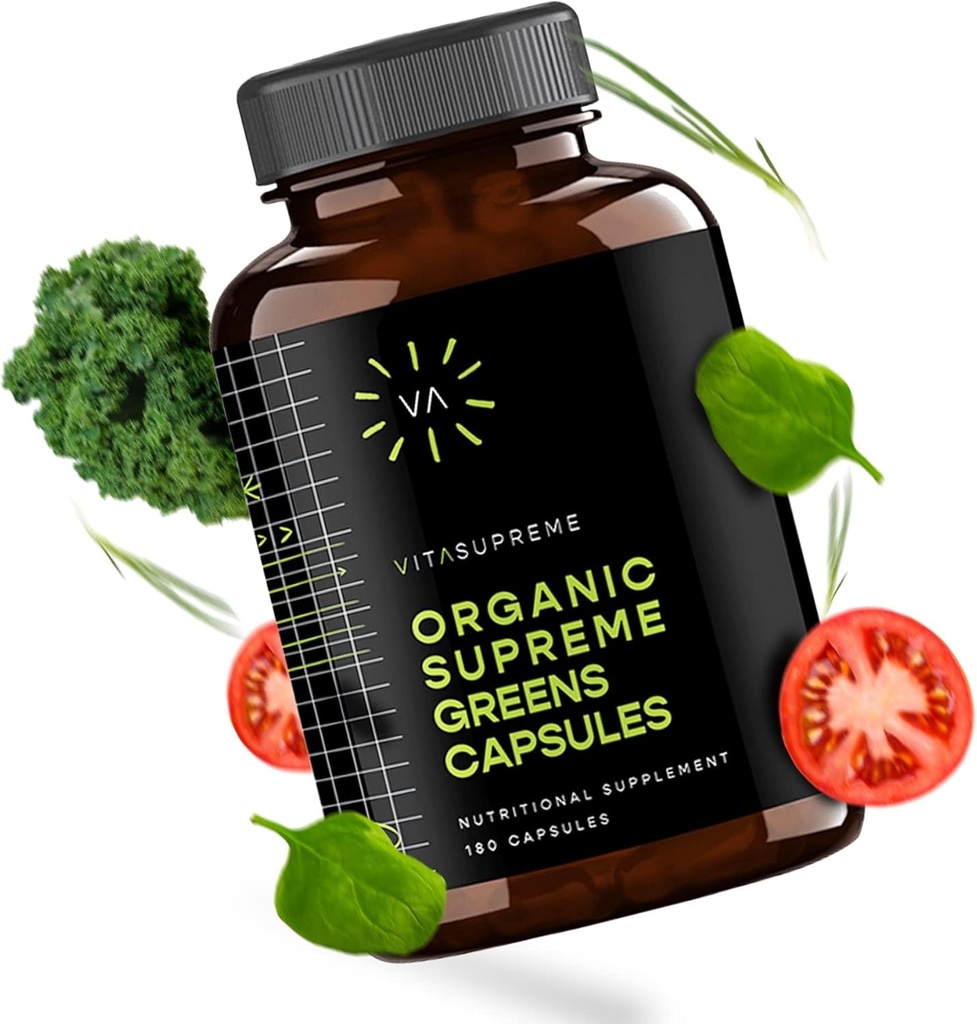Organic Super Greens Superfood Capsule, integratore nutrizionale per la salute del fegato, supporto immunitario, digestione, energia e altro (non OGM, Keto, Vegan) 180 capsule, 1 confezione