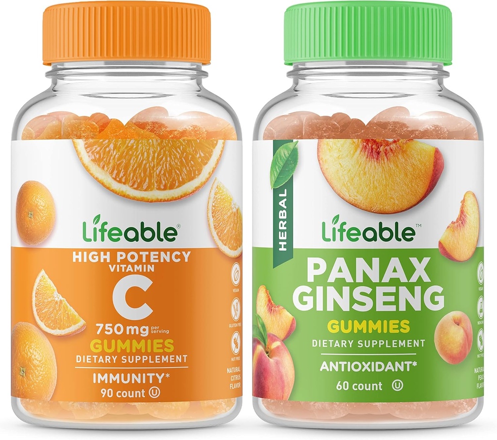 Lifeable Vitamin C 750mg + Panax Ginseng, Gummies Bundle - Great Tasting, Vitamin Supplement, Gluten Free, GMO Free, Chewable Gummy
