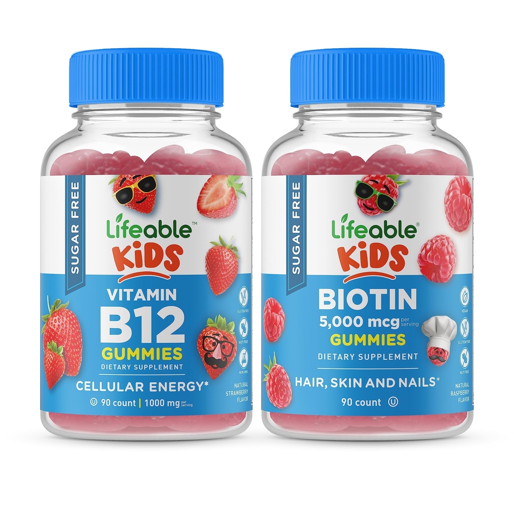 Lebendiger Zucker Kostenloses Vitamin B12 Kids + Preciotic Fiber Kids, Gummies Bundle - Große Verkostung, Vitamin-Ergänzung, Glutenfrei, GMO frei, Kaugummi