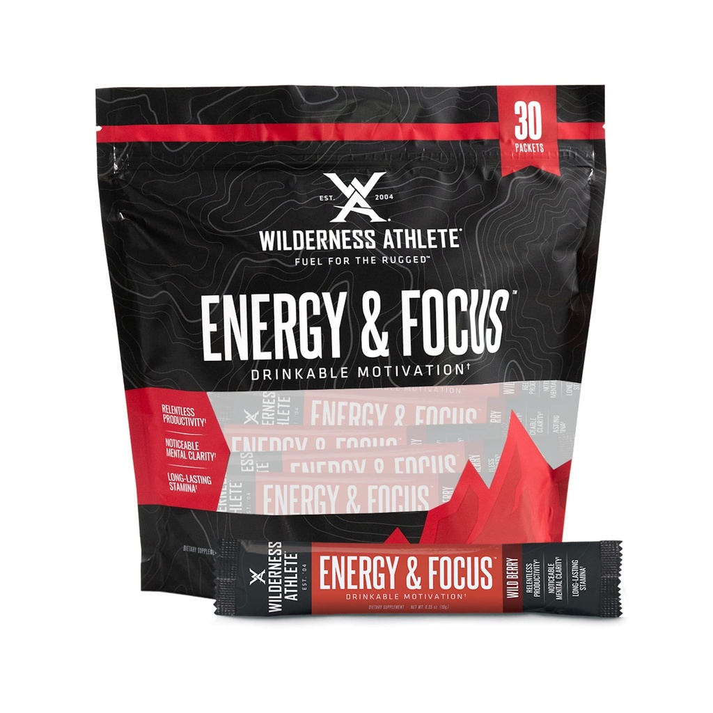 Wilderness Athlete - Energy & Focus | Energy Booster for Women & Men - Energy Drink Mix with Natural Caffeine - Low-Carb, Zero Energy Drink Powder - 30 Servier Energy Drink Packets (Wild Berry)